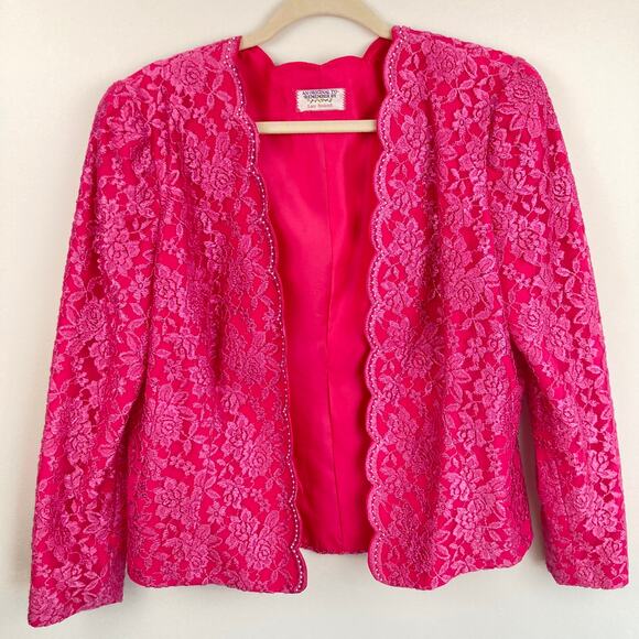 Vintage Womens M Pink Lace Beaded Open Satin Jacket Office Siren Formal Party - Picture 1 of 9